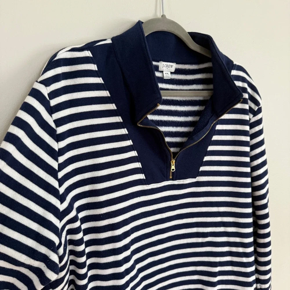 J Crew Striped‎ Quarter Zip Fleece Sweatshirt Navy White XXL Nautical Classic